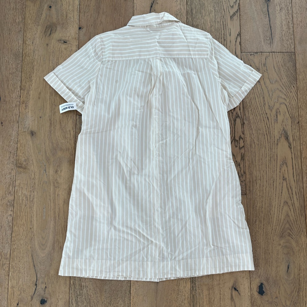Old Navy Striped Mini Shirt Dress Medium Neutral Stripe 100% cotton Tan Sleeve - Picture 4 of 5